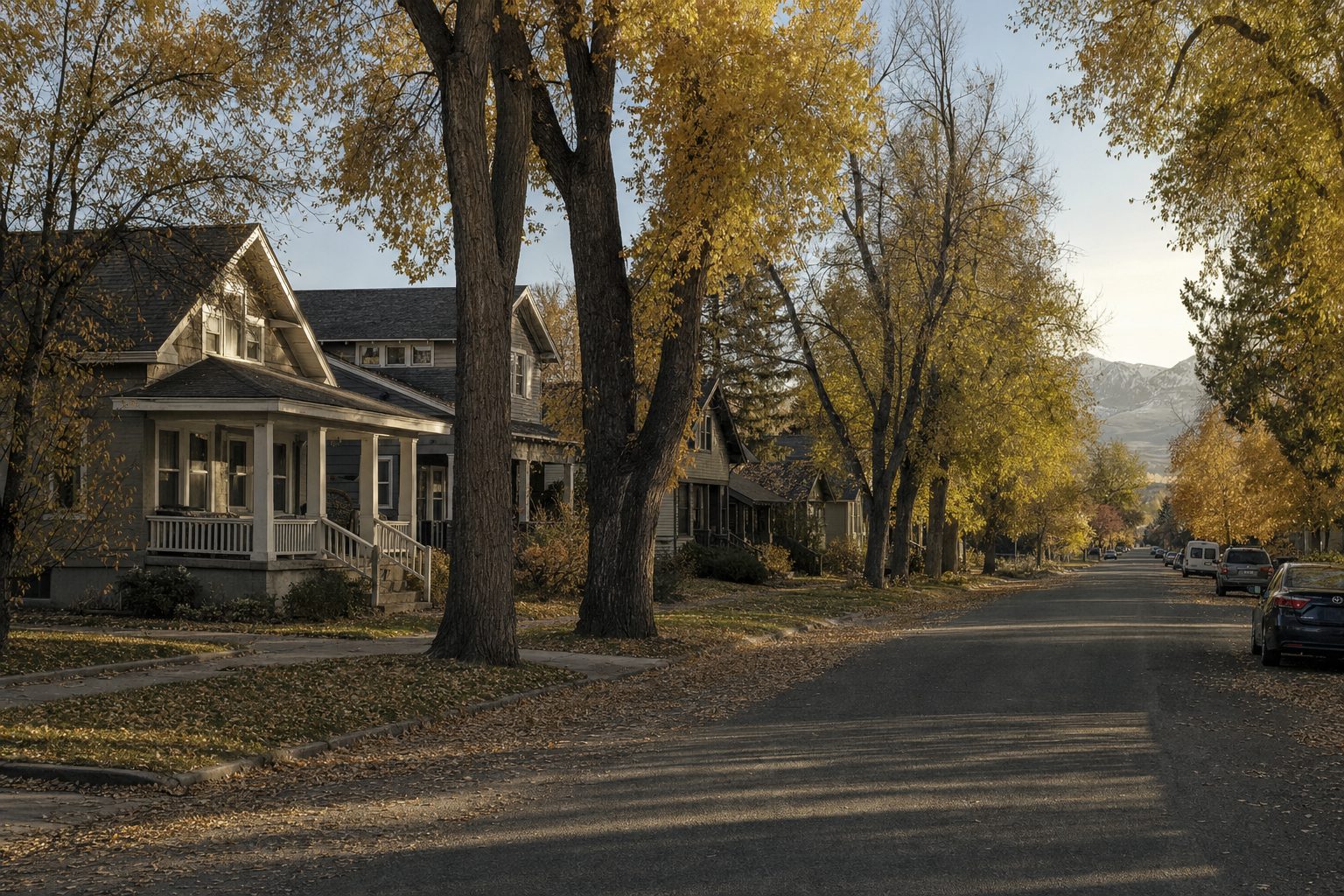 A tree-lined residential street of older homes in Bozeman in autumn