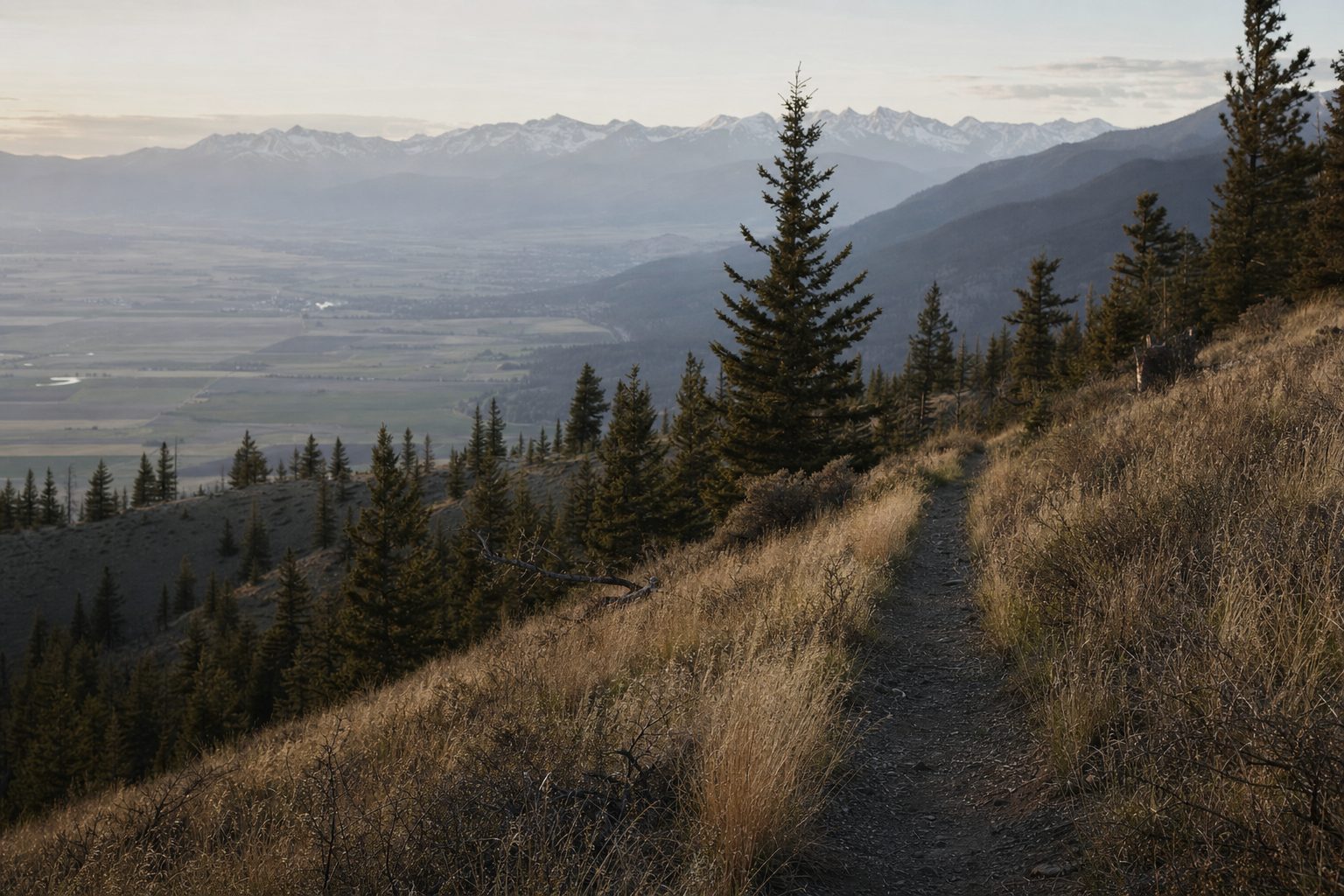 A grassy singletrack trail in the foothills above the Gallatin Valley at sunrise