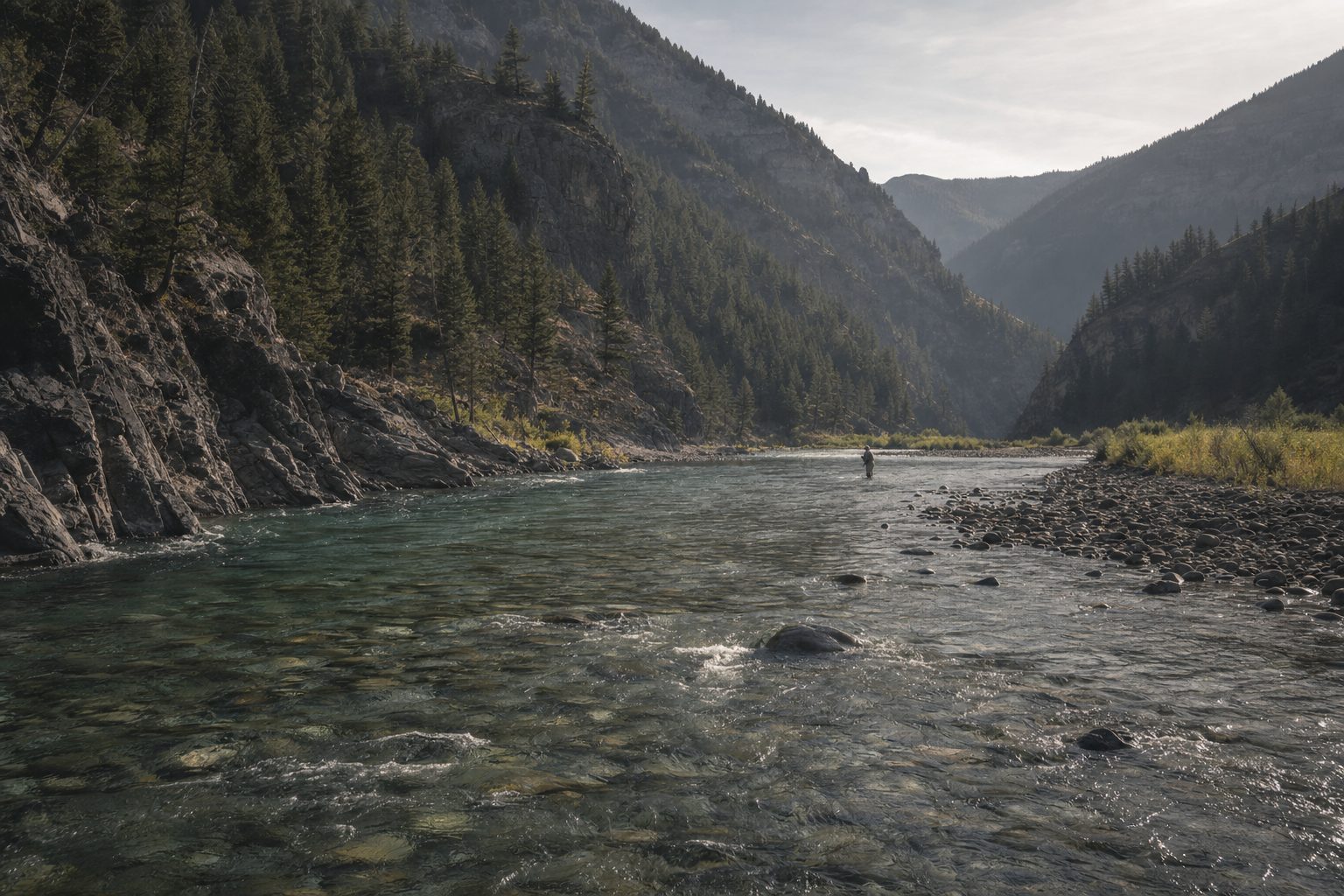 Clear Montana river water running over cobbles on a bright summer afternoon