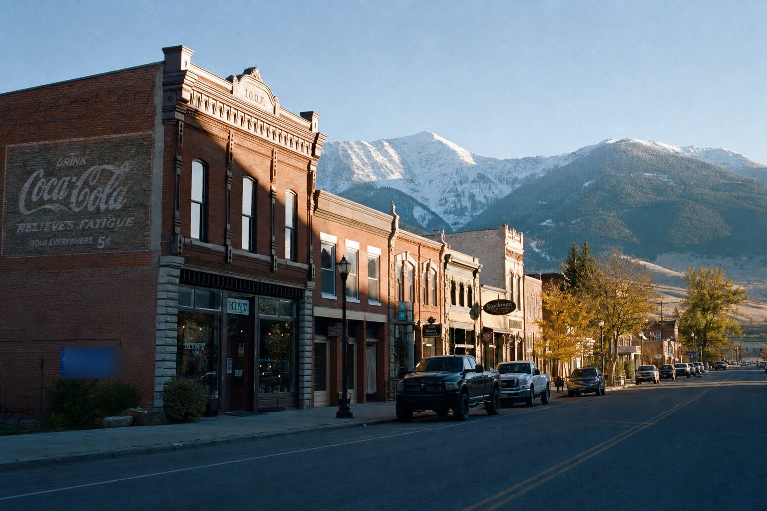 Historic brick storefronts on Main Street in Livingston, Montana with the snow-dusted Absaroka Range at the end of the street