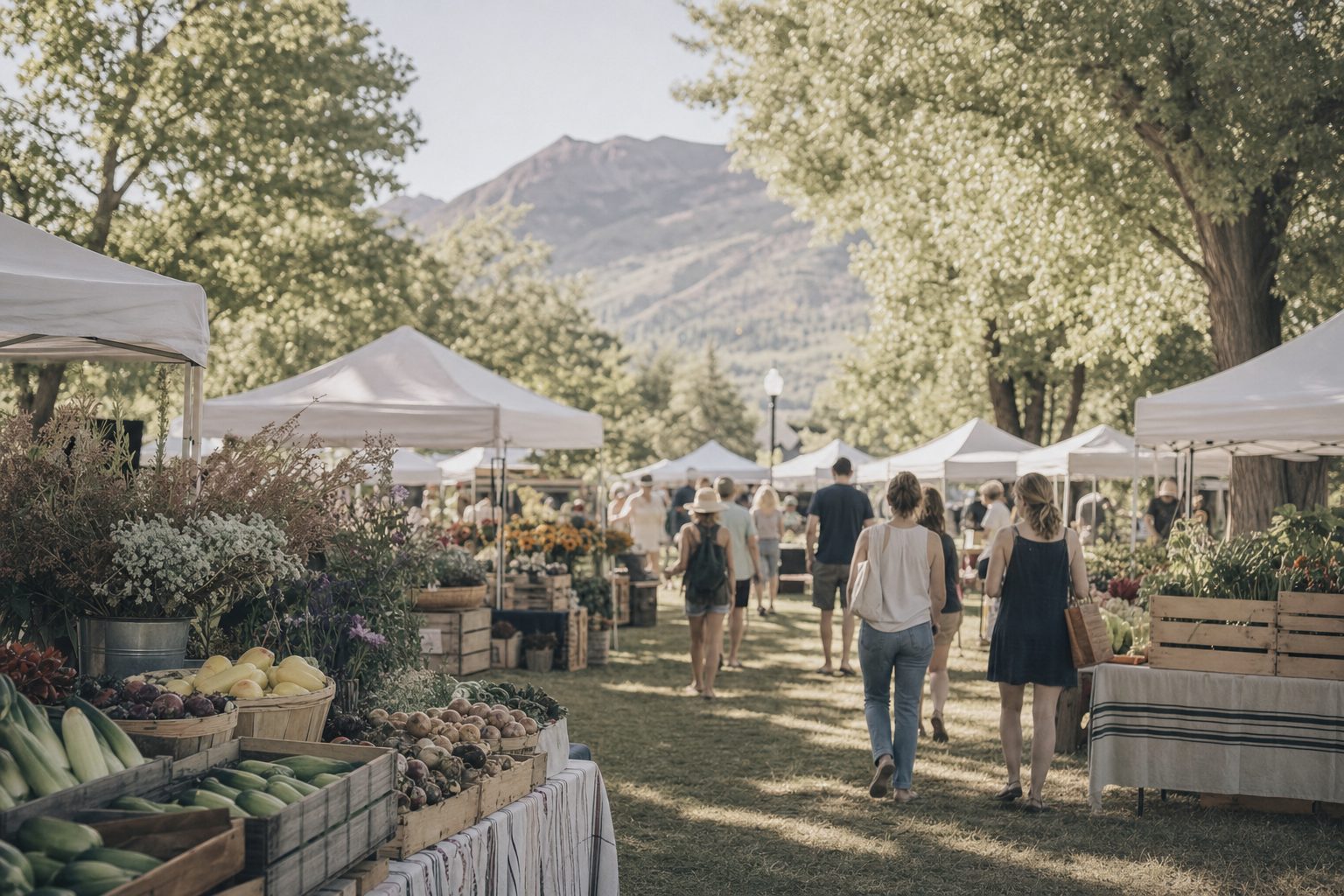 A summer farmers market under cottonwood trees with a mountain behind