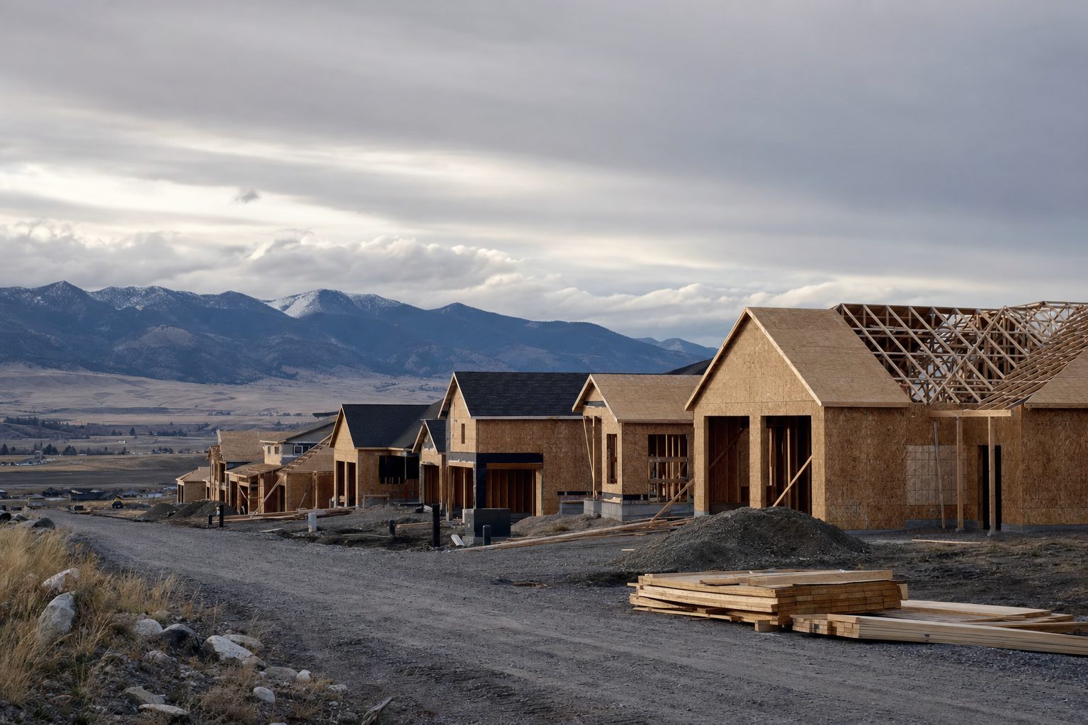 New houses under construction on the edge of the Gallatin Valley with mountains behind